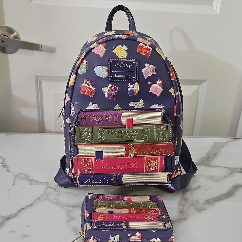 Loungefly Disney Book-Themed Purple Backpack and Wallet